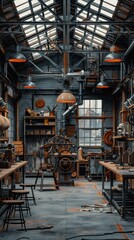 Poster - A well-worn industrial workspace with tools and machinery. AI.