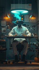 Wall Mural - A person sits in a chair wearing a virtual reality headset in a futuristic office. AI.