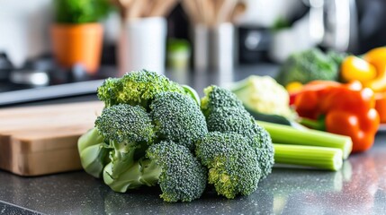 Raw broccoli and other vegetables arranged on a kitchen countertop, ready for cooking