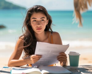 Canvas Print - A woman reads a book on the beach with a cup of coffee. AI.