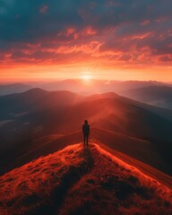 Canvas Print - A lone figure stands on a mountaintop, gazing out at the sunrise over a vast landscape. AI.