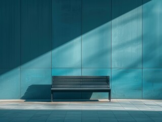 Poster - A lone bench sits in front of a blue wall. AI.