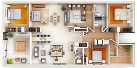 Sticker - A top-down view of a furnished apartment floor plan. AI.