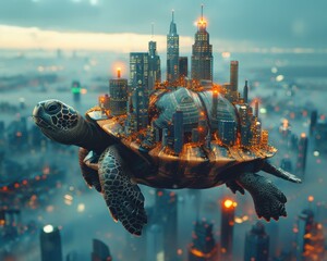 Poster - A turtle carries a city on its back. AI.