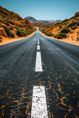 Wall Mural - A straight road leads through a desert landscape. AI.