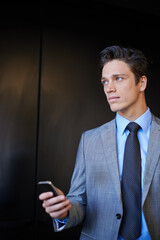 Poster - Business, man and thinking with smartphone at office on internet, email notification and text message as lawyer. Male person, mockup space and employee on website or social media for communication