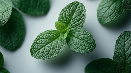 Wall Mural - Close-up of Fresh Mint Leaves on a White Background