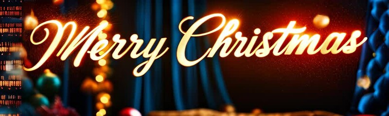 cinematic Merry Christmas greeting in golden script set against dark festive background, enhanced with an old film reel effect. Subtle film grain and warm lights add a nostalgic, vintage holiday fee