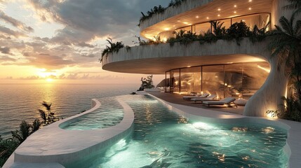 modern avant-garde house with swimming pool on the edge of a cliff overlooking the sea, beautiful su