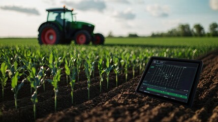 A close-up of GPS software controlling a tractor harvesting in a corn field.