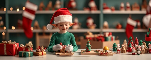 elves crafting toys in santa s workshop, busy with christmas cheer