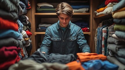 Poster - Young person arranging items for donation in a neat organized closet emphasizing care and charity