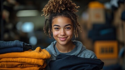 Poster - Young person moving clothes into boxes for charity highlighting care and neat organization
