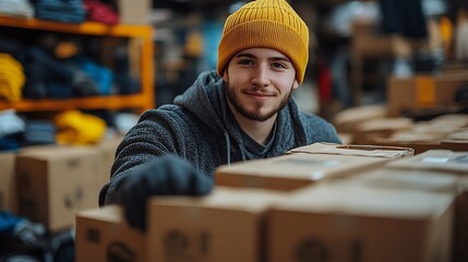 Poster - Young person packing clothing into boxes for charity with an emphasis on neatness and ecofriendly practices