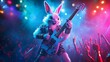 © Jared - A furry, white rabbit, dressed in black leather and a sequined jacket, plays an electric guitar on stage, bathed in blue and purple light.  The crowd cheers and waves their hands in the air.