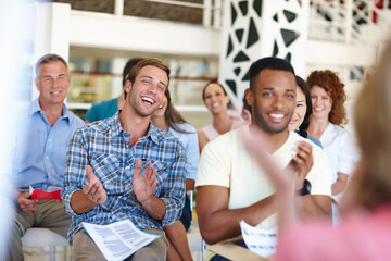 Canvas Print - Business, people and success with applause in presentation for company kpi target and sales growth. Creative agency, excited diversity group and clapping hands in office for achievement celebration