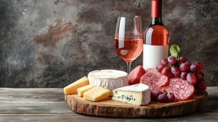 Poster - Elegant Cheese and Wine Arrangement on Rustic Table