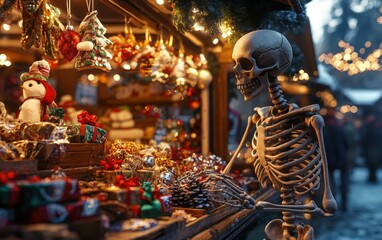 Skeleton in a Christmas Market. A 3D skeleton browsing a Christmas market stall, admiring handmade ornaments and holiday treats, with lights twinkling in the background. 