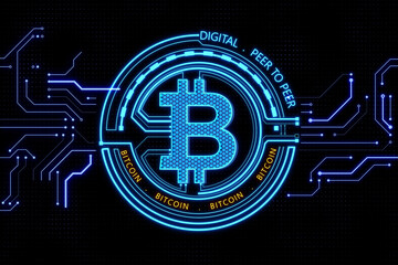 Wall Mural - Peer to peer and crypto currency concept with front view on digital blue bitcoin icon with circuit on dark background. 3D rendering