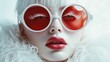 © Olly Photography - Close-up of a model wearing red sunglasses with matching bold lips and white fur, showcasing avant-garde fashion style.