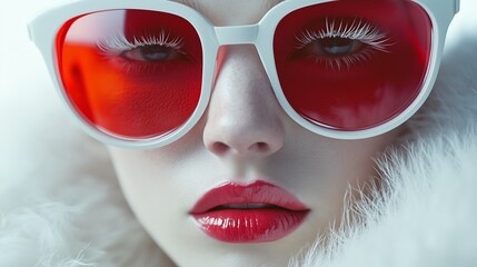 Wall Mural - Closeup of woman wearing bold red sunglasses and lipstick, highlighting a striking fashion accessory and modern style.