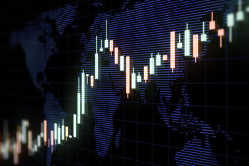 Poster - Bullish stock market concept with perspective view on growing trading chart digital candlestick on dark background with blue world map contour. 3D rendering