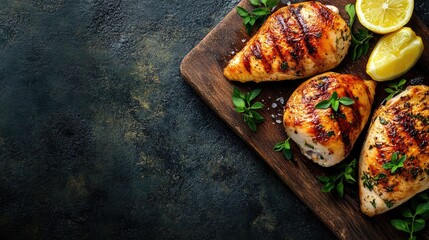 Wall Mural - Grilled Chicken with Lemon and Fresh Herbs on Board