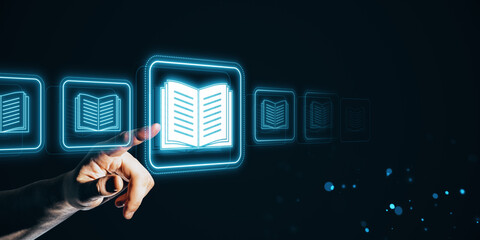 Poster - Hand selecting a digital book from a holographic virtual library interface on a dark background.