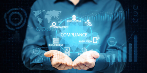 Aufkleber - Man holding digital compliance interface with governance, transparency, and regulation icons floating over hands.
