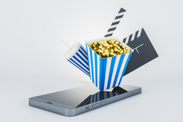 Aufkleber - Popcorn, drink, and cinema clapperboard emerging from smartphone screen on white background. 3D Rendering