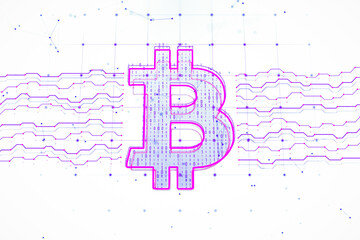 Poster - Bitcoin hologram with circuit lines on digital white background. 3D Rendering