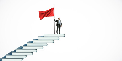 Poster - Businessman standing on books shaped like stairs with a red flag, symbolizing progress and success on white background.