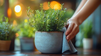 Fototapete - Adult cleaning a plant pot with a cloth emphasizing home care and cleanliness