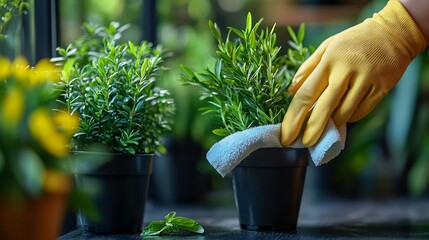 Fototapete - Adult cleaning a plant pot with a cloth emphasizing home care and cleanliness