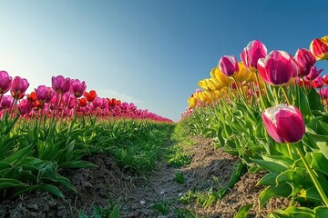 Colorful Tulip Fields in Springtime Sunshine