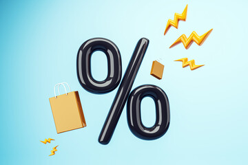 Poster - Percent Icon for discount sales on a blue background featuring shopping bags and promotional elements. 3D Rendering
