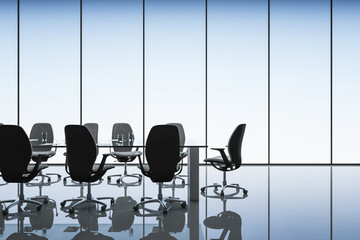 Poster - Side view on stylish conference table surrounded by dark chairs in empty spacious office with mat walls and glossy floor with reflection. 3D rendering