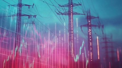 Poster - Electricity pylons with digital data visualization, vibrant colors, abstract design
