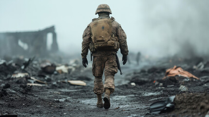 A lone soldier walking through a battlefield littered with debris and bodies