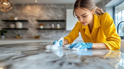 Poster - Adult using a disinfectant to clean a countertop focusing on protection and cleanliness
