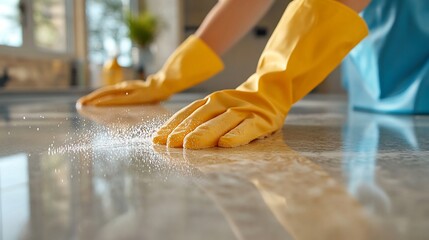 Poster - Adult using a disinfectant to clean a countertop focusing on protection and cleanliness