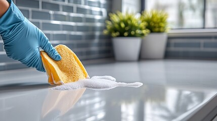 Poster - Adult using a disinfectant wipe to clean a countertop with a focus on protection and cleanliness