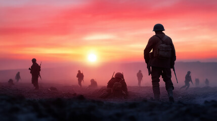 Wall Mural - A battlefield at dawn, with soldiers preparing for the day's fighting