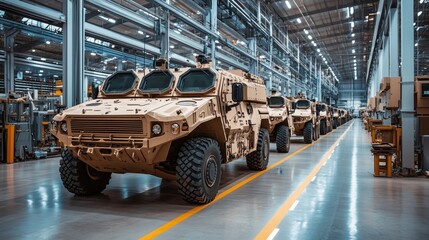 Poster - Military vehicles assembly line, armored trucks in factory setting, modern production