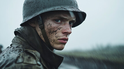 Poster - A soldier standing in the rain on a battlefield, his face covered in mud