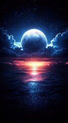 a stunning cosmic scene featuring a luminous moon reflecting on a vibrant ocean during twilight, sur