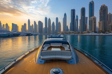 Luxury yacht at sunset with stunning Dubai skyline in the background