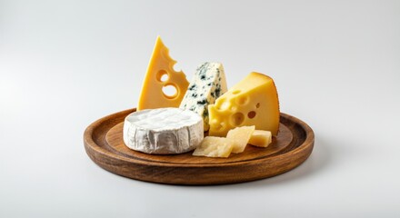 Assortment of cheese on wooden plate