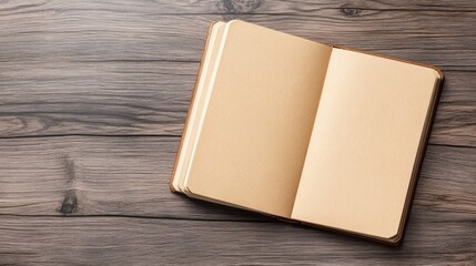 Poster - Book is open on a wooden table. The book is empty and the pages are blank. The book is open to the middle of the page