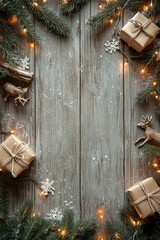festive arrangement of gifts and decorations on a wooden surface during the holiday season